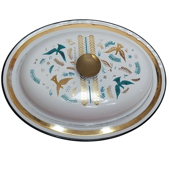 Georges Briard Birds of Paradise Covered Enamelware Oval Serving Dish Gold Trim - Picture 2 of 8